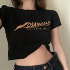 Lettering Short-sleeve Cropped T-shirt Dark Gray - One Size