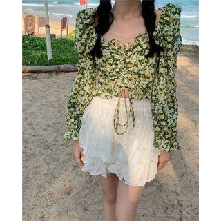 Floral Print Drawstring Blouse White Floral - Green - One Size