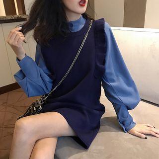 Sleeveless Ruffled Knit Dress / Bubble-sleeved Shirt