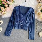 Crochet-lace Trim V-neck Velvet Blouse
