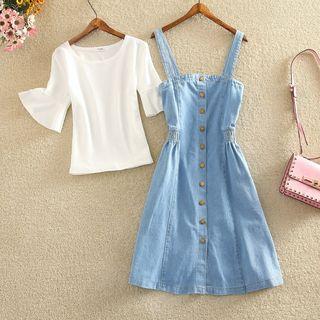 Set: Crew-neck Elbow-sleeve T-shirt + Denim Pinafore Dress