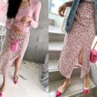 Slit-front Shirred Floral Long Skirt Light Beige - One Size