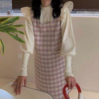 Mesh Ruffle Gingham Overall Dress