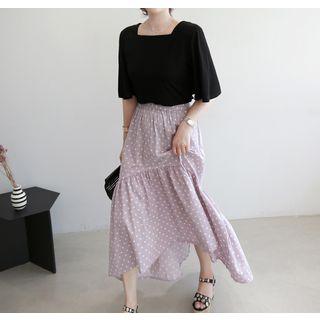 Band-waist Frill-hem Polka-dot Cotton Long Skirt