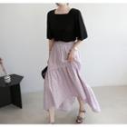 Band-waist Frill-hem Polka-dot Cotton Long Skirt