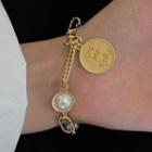 Lettering Disc Faux Pearl Bracelet 0851a - Bracelet - Gold - One Size