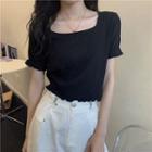 Short-sleeve Square-neck Frill Trim Knit Top
