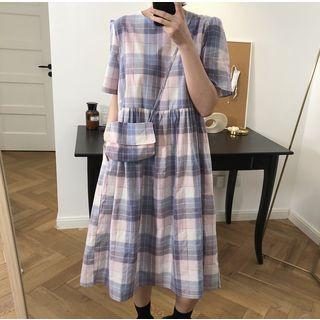 Short-sleeve Plaid A-line Midi Dress Plaid - Light Purple - One Size
