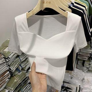 Square-neck Plain Slim Fit T-shirt