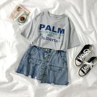 Short-sleeve Lettering T-shirt / Asymmetric Washed A-line Denim Skirt
