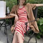 Short-sleeve Button-up Jacket / Spaghetti Strap Striped Midi Dress