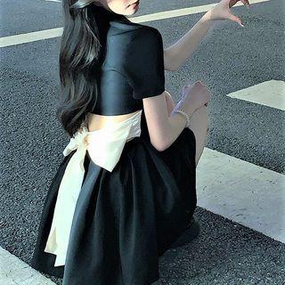 Short-sleeve Bow Back Mini A-line Shirt Dress