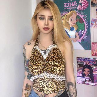 Halter-neck Leopard Print Lace Trim Top