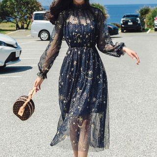 Set: Long-sleeve Embroidered Midi Dress + Slipdress