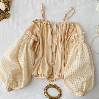 Lantern-sleeve Off-shoulder Blouse Almond - One Size