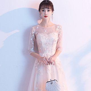 Elbow-sleeve Flower Embroidered A-line Evening Gown
