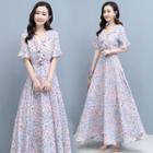 Short-sleeve Floral Print Ruffled Midi A-line Dress