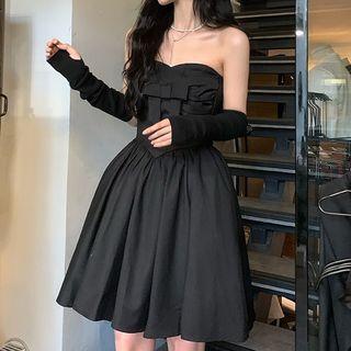 Strapless Ribbon Mini A-line Dress Black - One Size