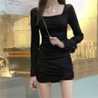 Square-neck Long-sleeve Shirred A-line Dress Black - One Size