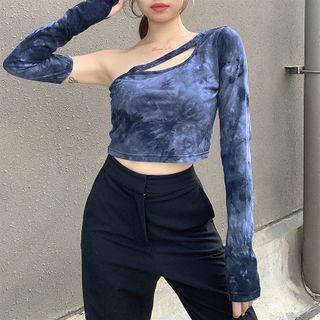 Tie-dye One-shoulder Long-sleeve Slim-fit Crop Top