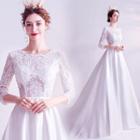 Embroidered 3/4-sleeve Long Train Wedding Dress