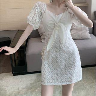 Puff-sleeve Tie-front Mini Sheath Lace Dress