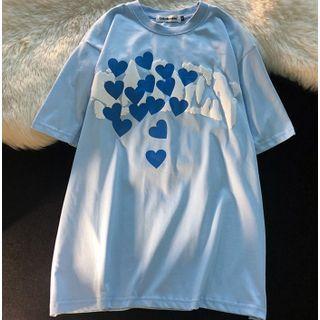 Elbow-sleeve Loose-fit Heart Print T-shirt