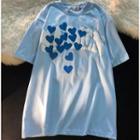 Elbow-sleeve Loose-fit Heart Print T-shirt