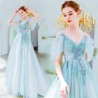 Short-sleeve Embellished Mesh A-line Evening Gown