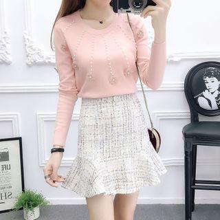 Long-sleeve Flower Printed Knit Top+high-waist Plaid Tweed Skirt