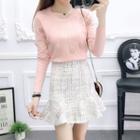 Long-sleeve Flower Printed Knit Top+high-waist Plaid Tweed Skirt