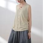 Sleeveless Buttoned Drawcord V-neck Top