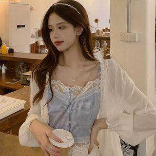 Lace Trim Gingham Single-breasted Camisole Top / Light Jacket