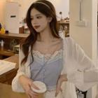 Lace Trim Gingham Single-breasted Camisole Top / Light Jacket