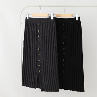Buttoned Knit A-line Midi Skirt