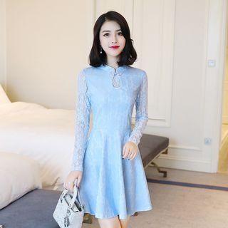 Mandarin Collar Long-sleeve A-line Lace Dress