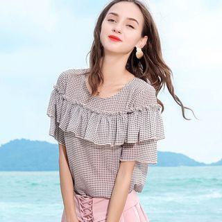Short-sleeve Ruffled Checker Chiffon Top