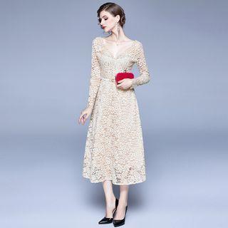 Long-sleeve Lace A-line Midi Cocktail Dress