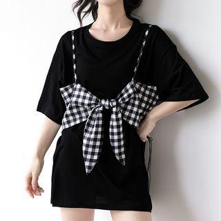 Mock Two-piece Tie-waist T-shirt