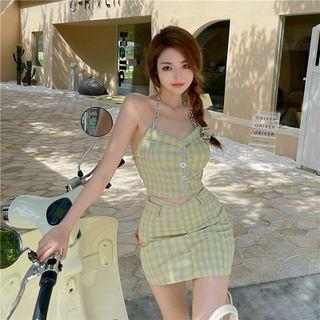 Chain Halter Plaid Camisole Top / Mini A-line Skirt