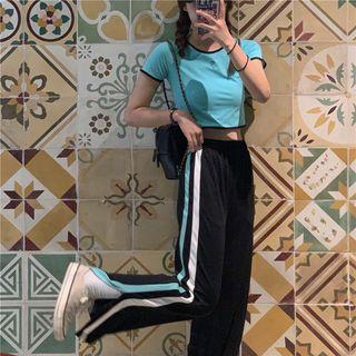 Flower Embroidered Short-sleeve Crop Top / Striped High-waist Wide-leg Pants