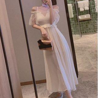 Off-shoulder Mesh Ruffled Dress