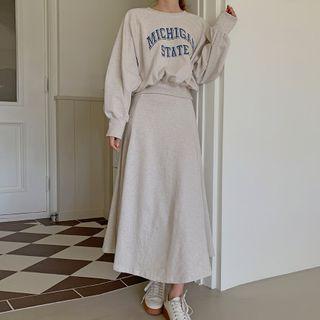 Set: Raglan Letter Sweatshirt + Flared Long Skirt