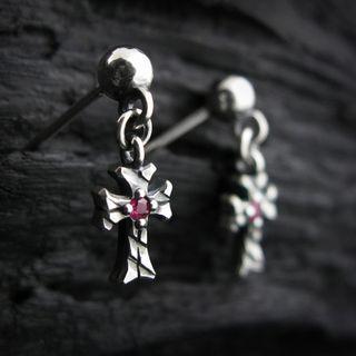 Engraved Sterling Silver Cross Earring - Ruby (single) Silver & Ruby - One Size