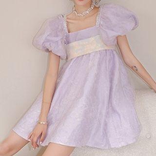 Puff-sleeve Mini A-line Dress / Cropped Camisole Top