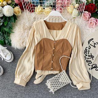 Long-sleeve Color Block Buttoned Top