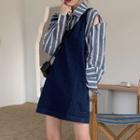 Long-sleeve Cutout Striped Shirt / Denim Mini Pinafore Dress