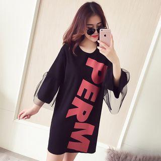 Lettering Mesh Panel 3/4-sleeve T-shirt Dress