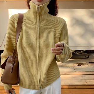 Long-sleeve Mock Neck Ribbed Knit Jacket