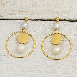 Faux Pearl Alloy Hoop Earring Gold & White - One Size